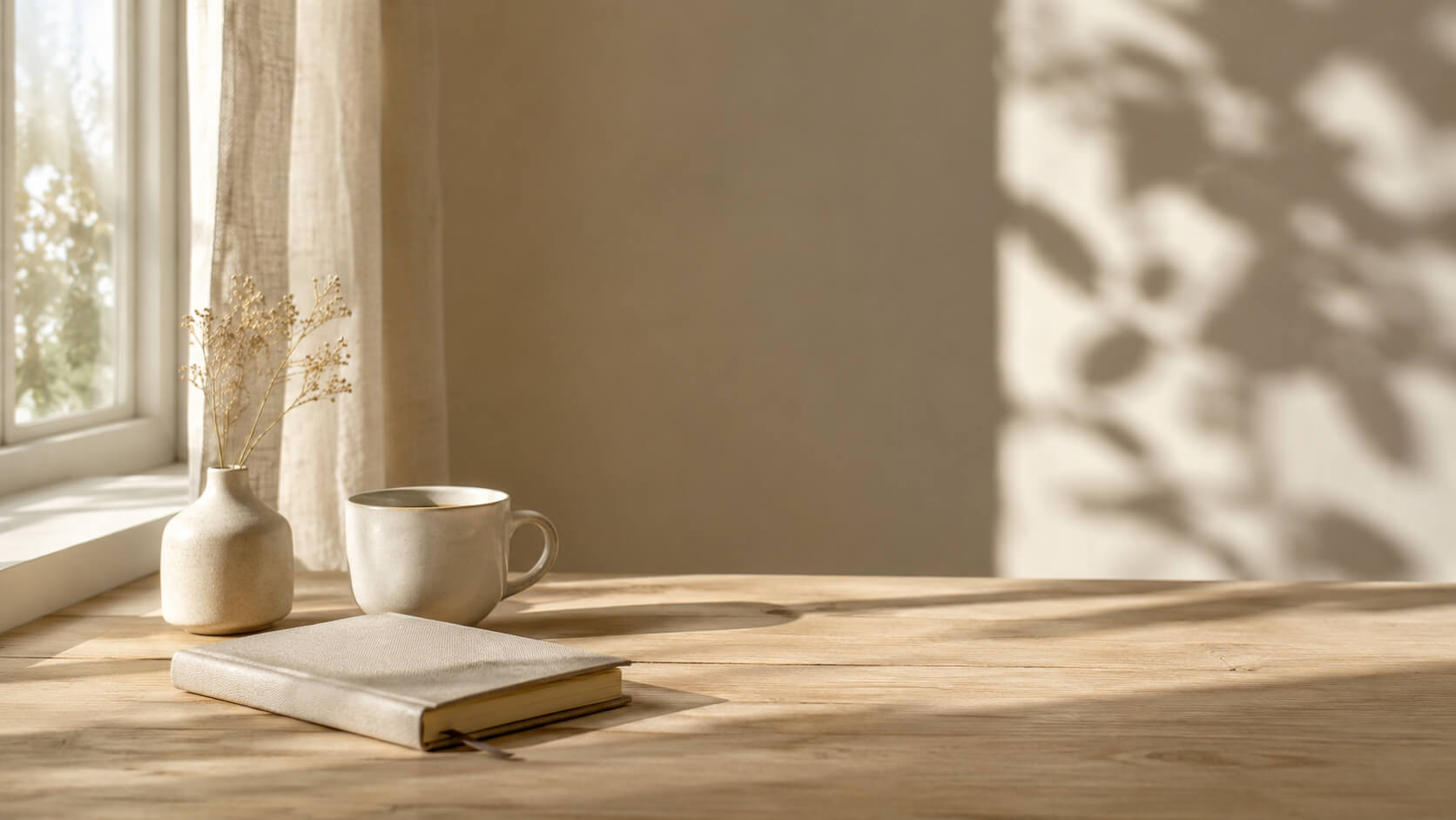 Taza de cerámica y cuaderno sobre una mesa de madera junto a una ventana iluminada por luz natural suave, en un ambiente sereno y reflexivo.