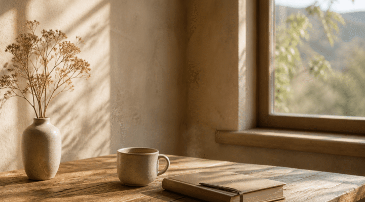 Interior sereno con luz natural, mesa de madera, taza y libro en calma
