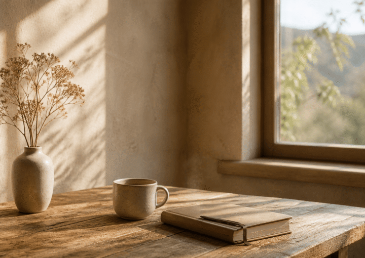 Interior sereno con luz natural, mesa de madera, taza y libro en calma