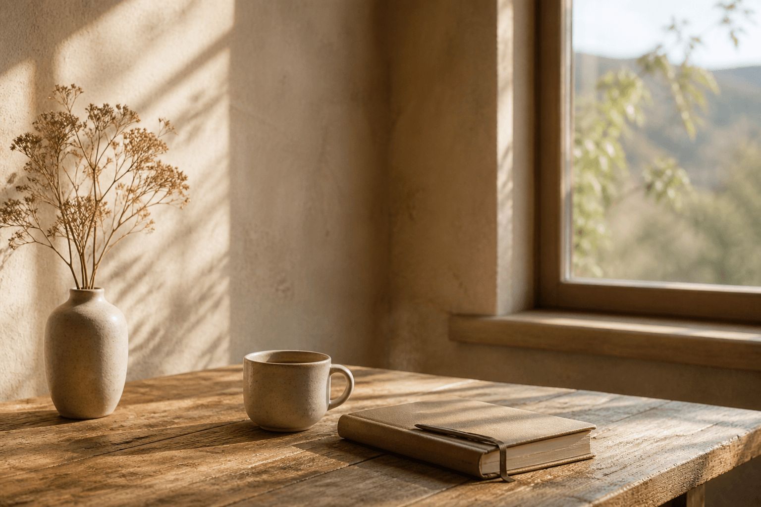 Interior sereno con luz natural, mesa de madera, taza y libro en calma