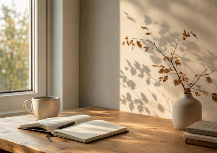 Mesa de madera junto a una ventana con un cuaderno abierto y una taza de cerámica iluminados por luz natural, símbolo de reflexión y aprendizaje personal.