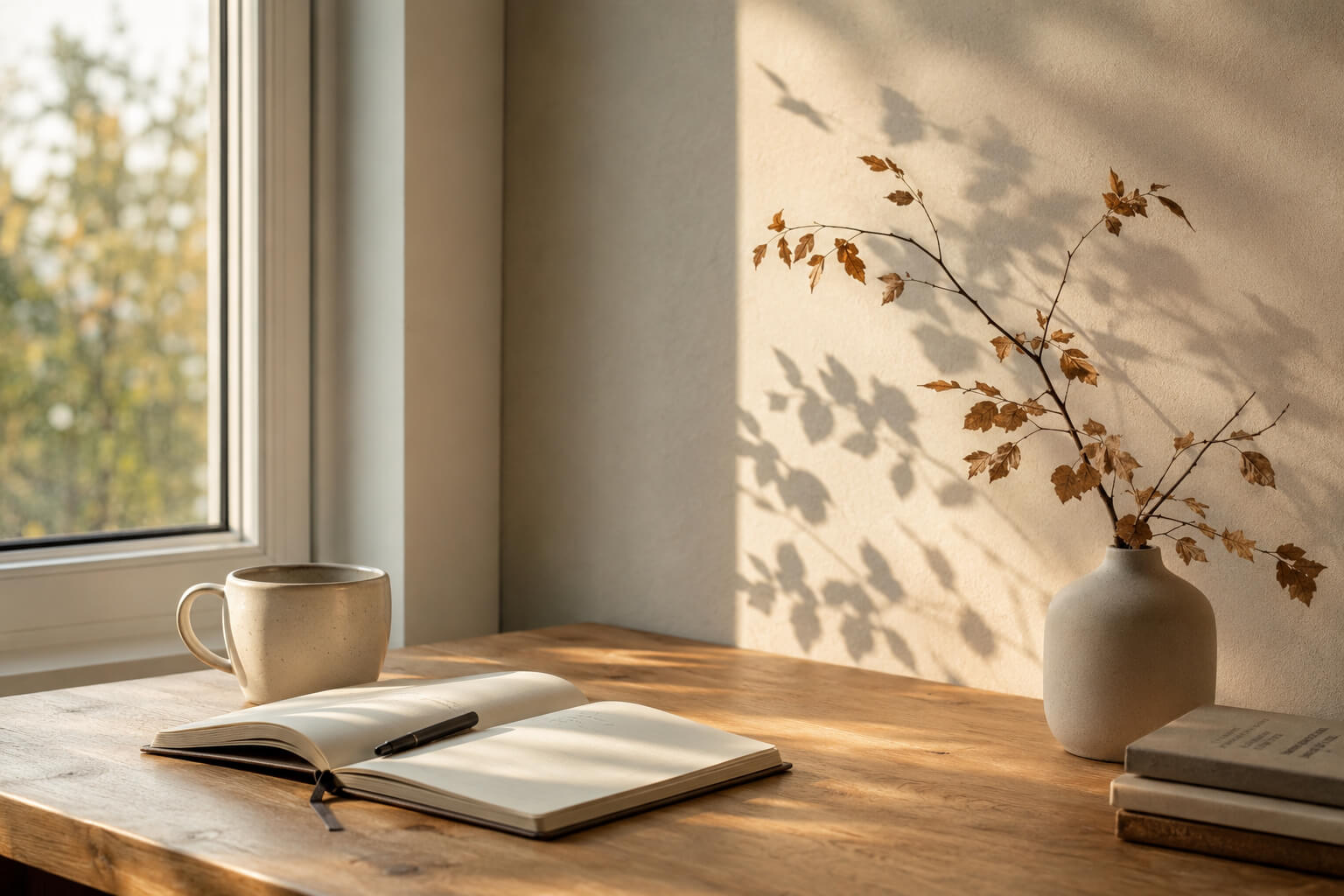 Mesa de madera junto a una ventana con un cuaderno abierto y una taza de cerámica iluminados por luz natural, símbolo de reflexión y aprendizaje personal.