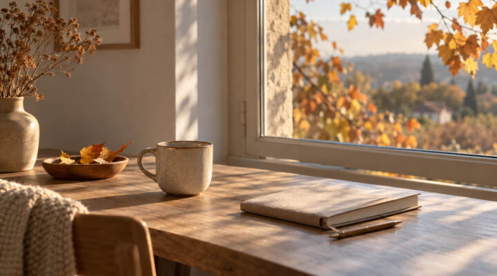 Mesa de madera junto a una ventana con una taza y un cuaderno, iluminada por la luz cálida de un paisaje de otoño.