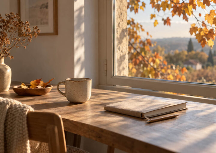Mesa de madera junto a una ventana con una taza y un cuaderno, iluminada por la luz cálida de un paisaje de otoño.