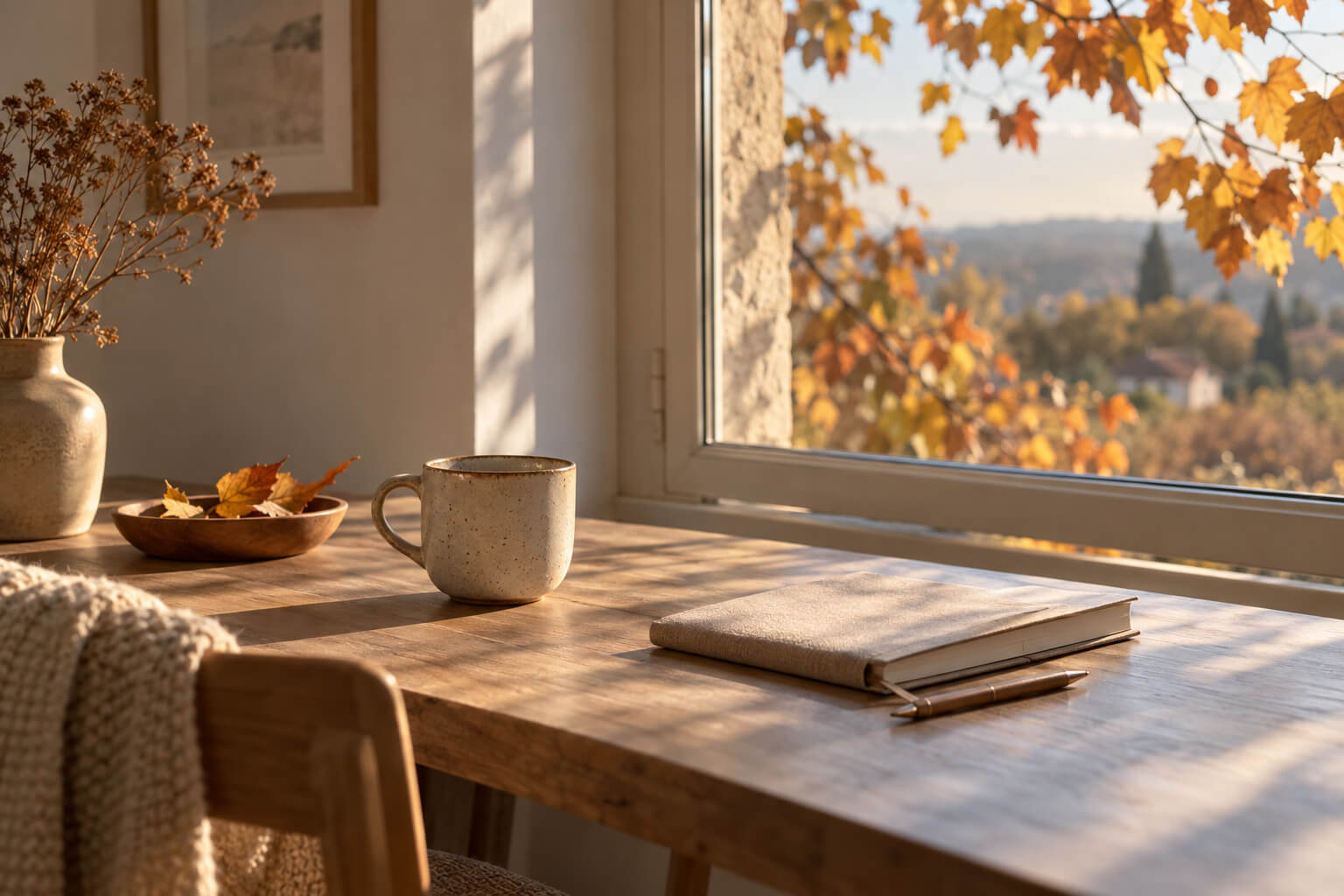 Mesa de madera junto a una ventana con una taza y un cuaderno, iluminada por la luz cálida de un paisaje de otoño.