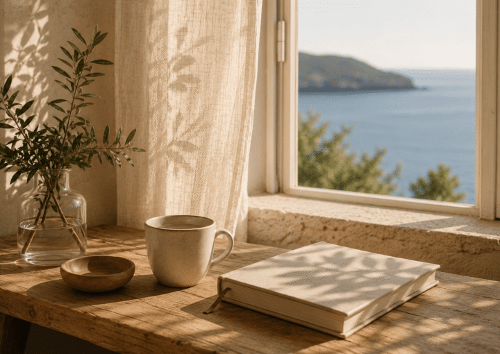Mesa de madera junto a una ventana abierta con vistas al mar, una taza de cerámica, un cuaderno cerrado y ramas verdes iluminadas por la luz suave del verano.