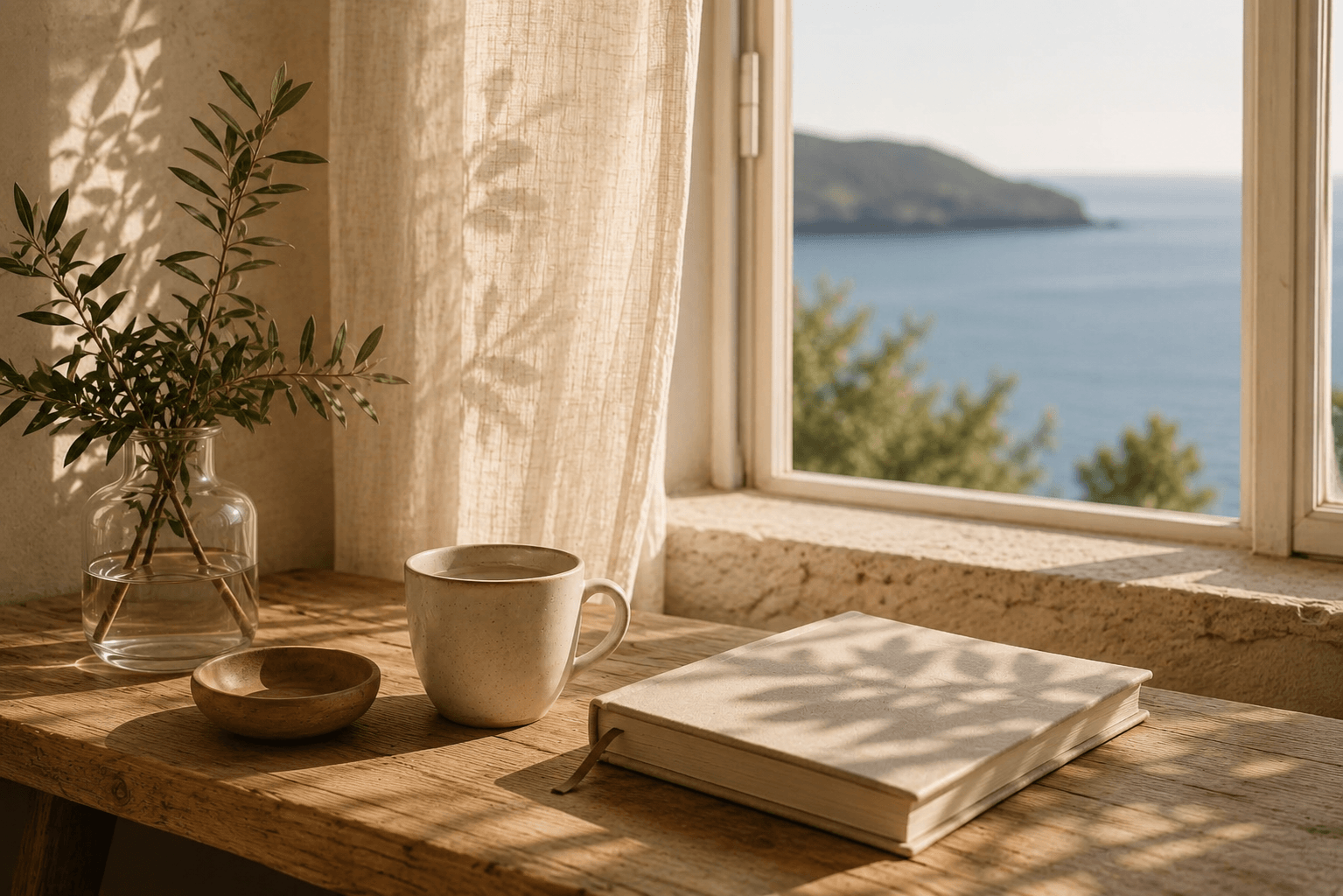 Mesa de madera junto a una ventana abierta con vistas al mar, una taza de cerámica, un cuaderno cerrado y ramas verdes iluminadas por la luz suave del verano.