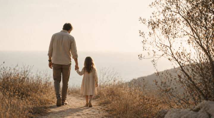 Padre e hija caminando de la mano por un sendero con luz natural suave en un entorno tranquilo