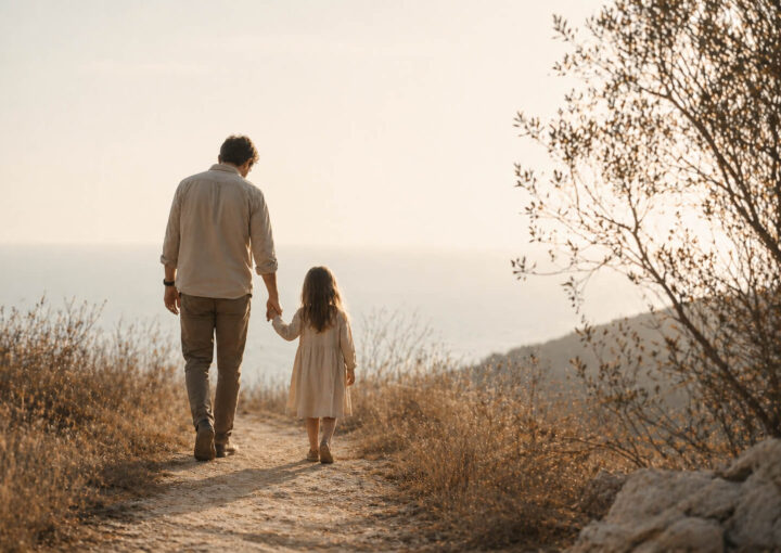 Padre e hija caminando de la mano por un sendero con luz natural suave en un entorno tranquilo