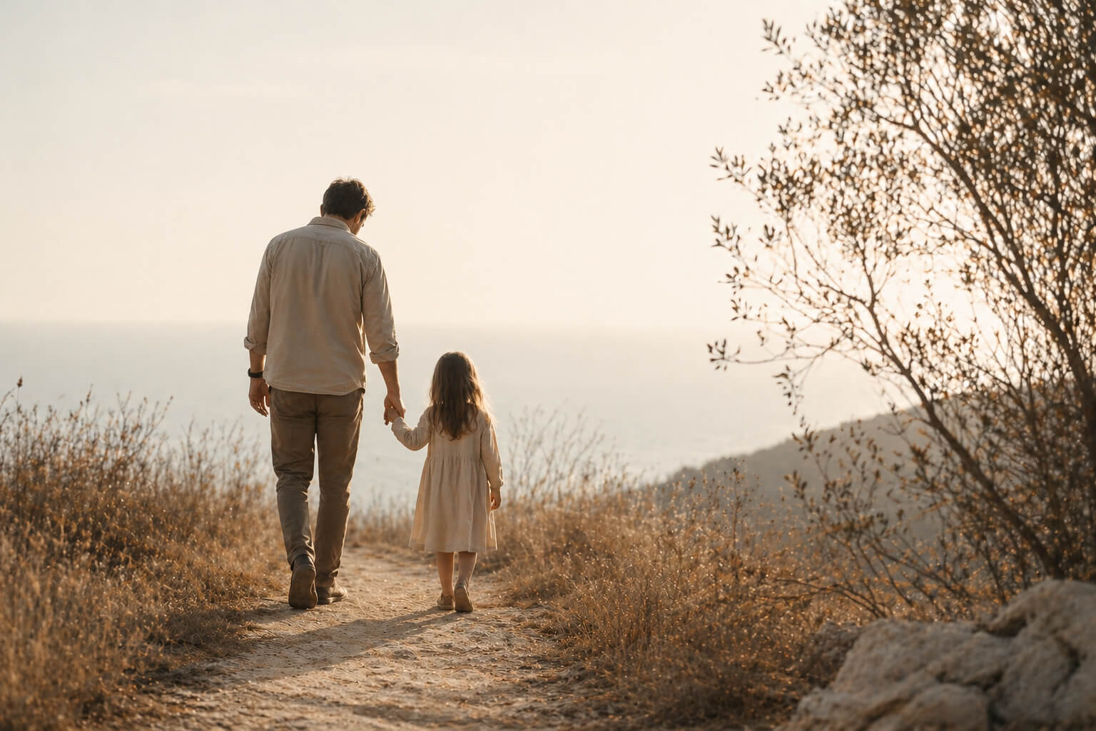 Padre e hija caminando de la mano por un sendero con luz natural suave en un entorno tranquilo