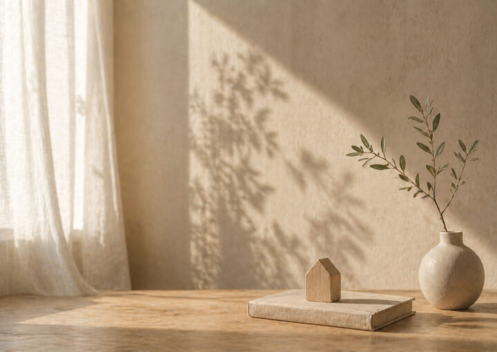 Espacio minimalista con luz natural suave, mesa de madera con libro y pequeño objeto simbólico en un ambiente sereno