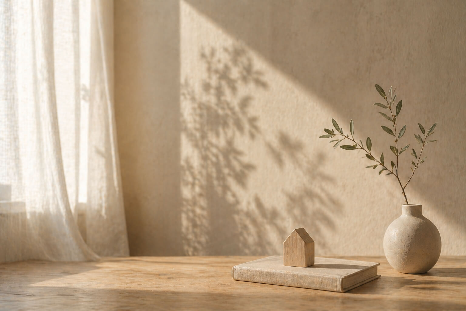 Espacio minimalista con luz natural suave, mesa de madera con libro y pequeño objeto simbólico en un ambiente sereno