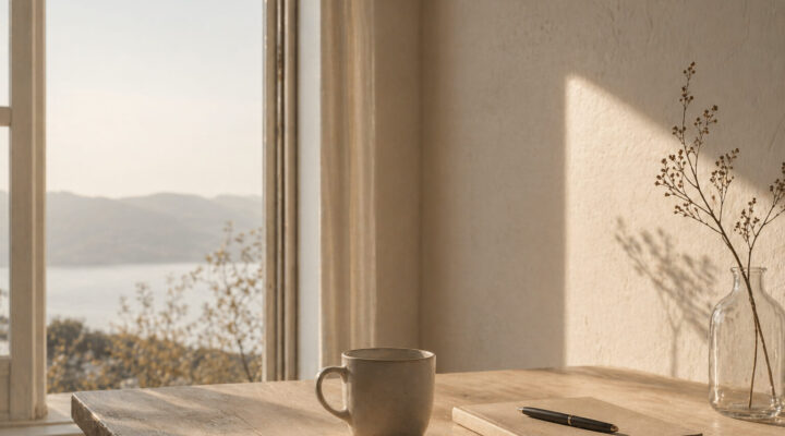 Mesa de madera junto a una ventana con luz natural suave, taza y cuaderno en un espacio tranquilo y minimalista