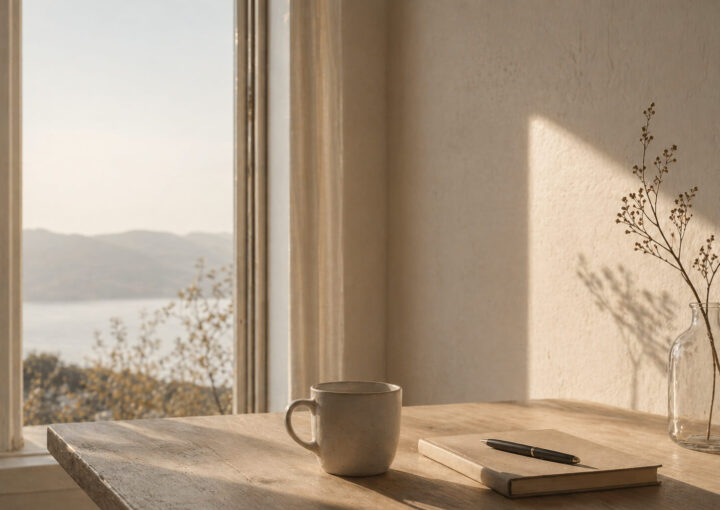 Mesa de madera junto a una ventana con luz natural suave, taza y cuaderno en un espacio tranquilo y minimalista