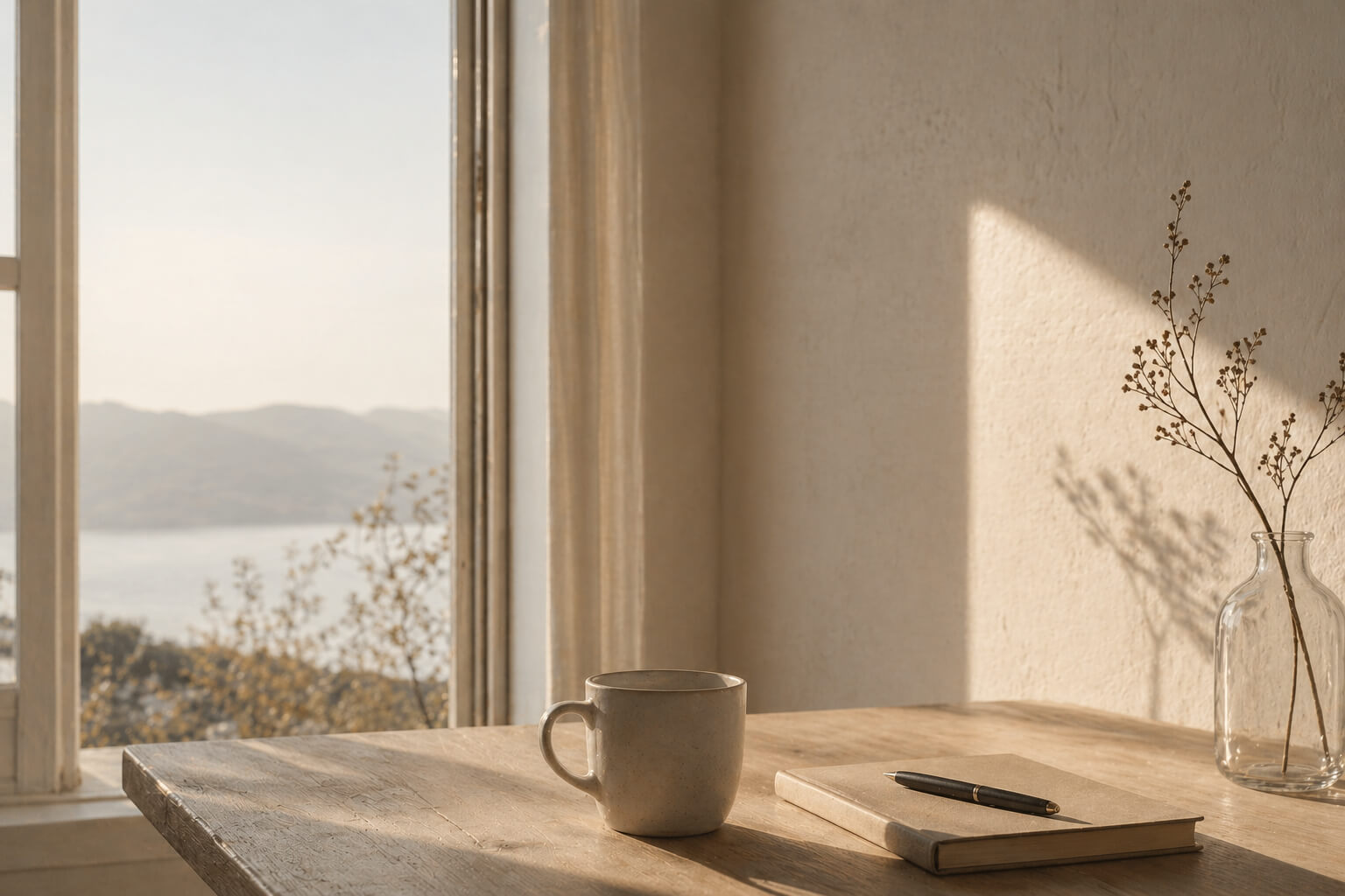 Mesa de madera junto a una ventana con luz natural suave, taza y cuaderno en un espacio tranquilo y minimalista