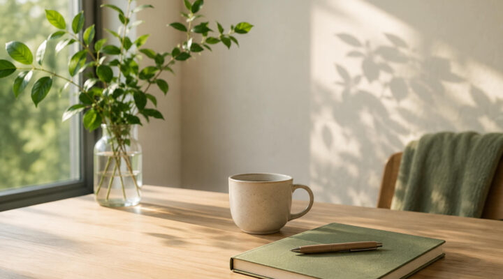 Mesa de madera junto a una ventana con una taza de cerámica, un cuaderno verde y ramas con hojas iluminadas por luz natural.