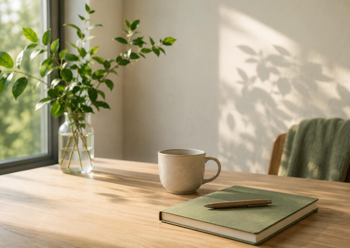 Mesa de madera junto a una ventana con una taza de cerámica, un cuaderno verde y ramas con hojas iluminadas por luz natural.