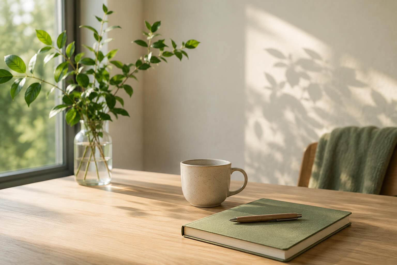 Mesa de madera junto a una ventana con una taza de cerámica, un cuaderno verde y ramas con hojas iluminadas por luz natural.