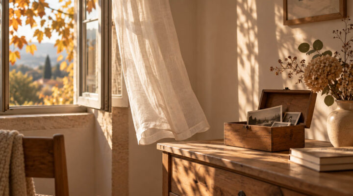 Habitación serena de otoño con una ventana abierta, cortina de lino y una caja de madera con fotografías antiguas.