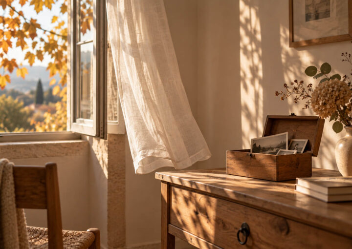 Habitación serena de otoño con una ventana abierta, cortina de lino y una caja de madera con fotografías antiguas.