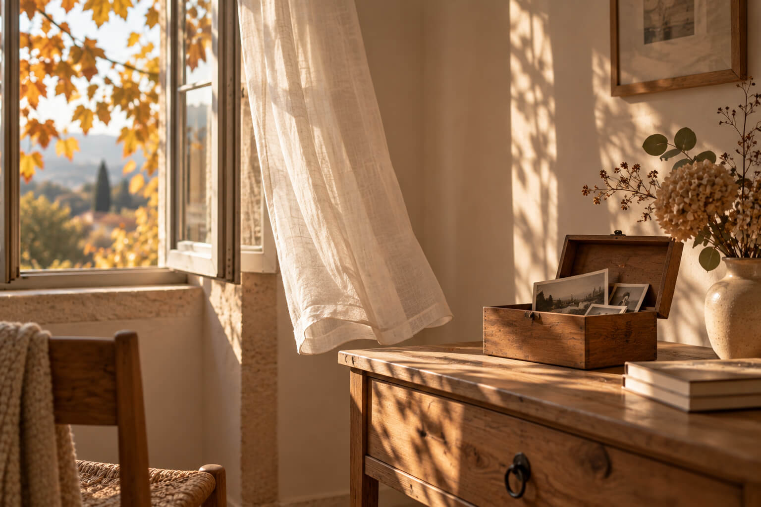 Habitación serena de otoño con una ventana abierta, cortina de lino y una caja de madera con fotografías antiguas.