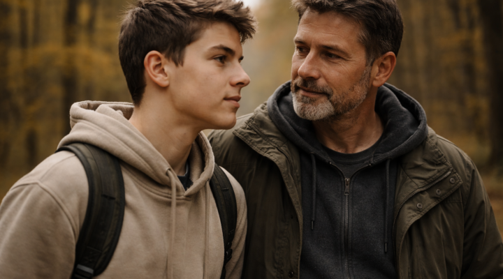 Primer plano de padre e hijo adolescente caminando juntos en un bosque otoñal, en una escena natural y contenida.