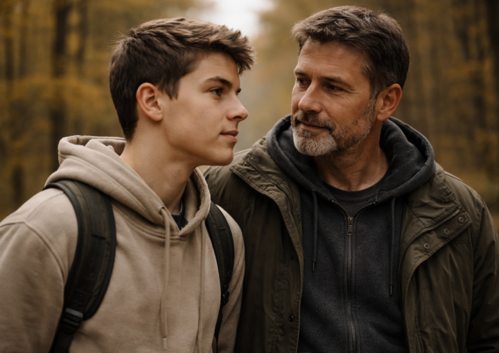 Primer plano de padre e hijo adolescente caminando juntos en un bosque otoñal, en una escena natural y contenida.