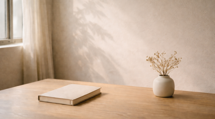 Cuaderno cerrado y pequeño jarrón de cerámica con flores secas sobre una mesa de madera junto a una ventana con luz natural suave.