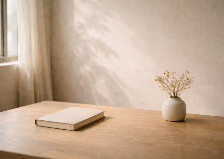 Cuaderno cerrado y pequeño jarrón de cerámica con flores secas sobre una mesa de madera junto a una ventana con luz natural suave.