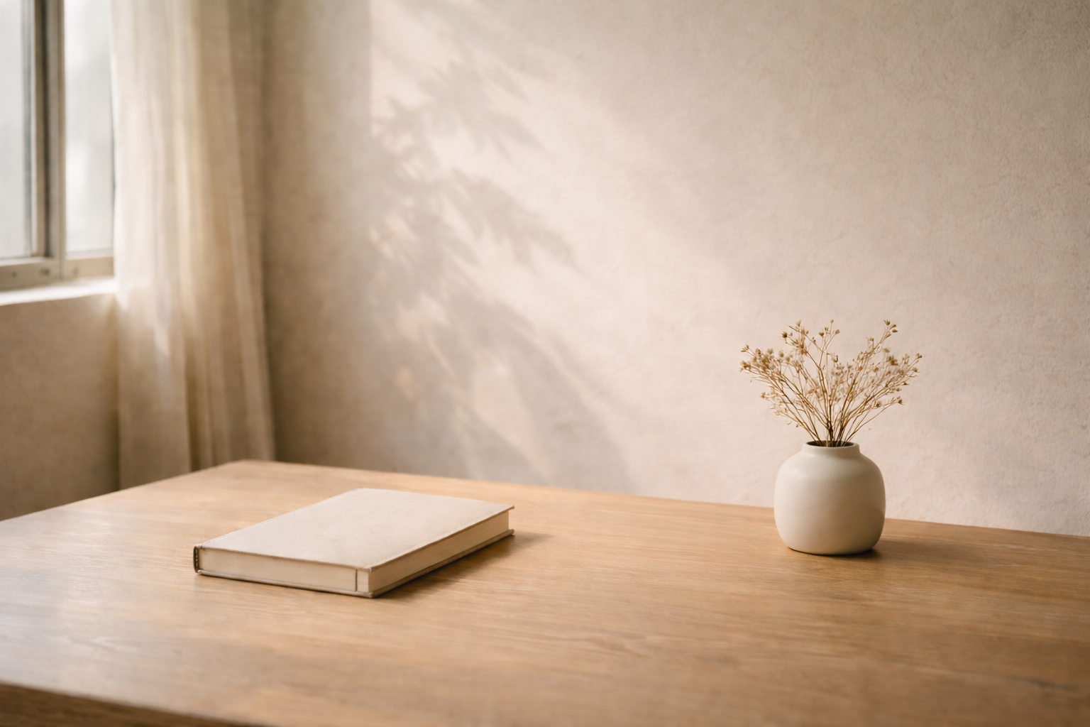 Cuaderno cerrado y pequeño jarrón de cerámica con flores secas sobre una mesa de madera junto a una ventana con luz natural suave.
