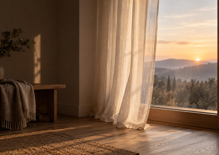 Habitación serena con luz de amanecer entrando por una ventana entre cortinas de lino.