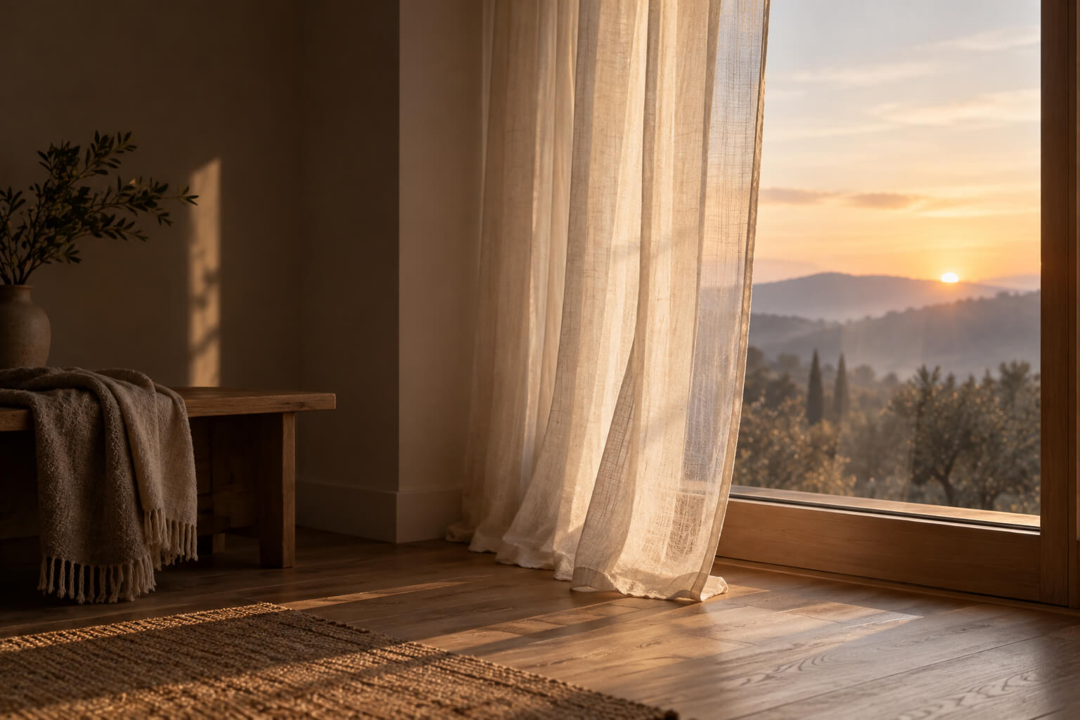 Habitación serena con luz de amanecer entrando por una ventana entre cortinas de lino.