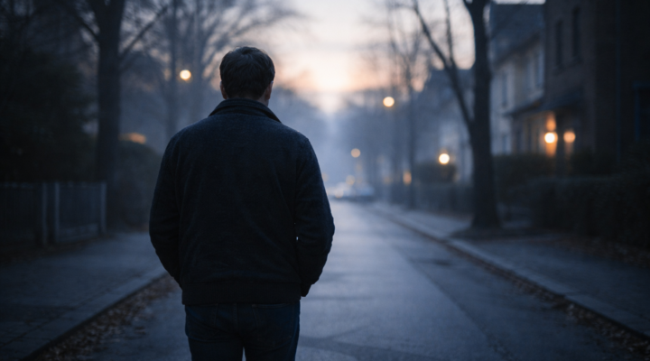 Persona adulta de espaldas caminando sola por una calle tranquila al amanecer invernal, con luz suave y ambiente silencioso.