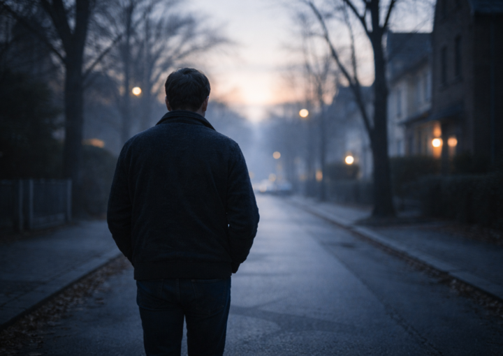 Persona adulta de espaldas caminando sola por una calle tranquila al amanecer invernal, con luz suave y ambiente silencioso.