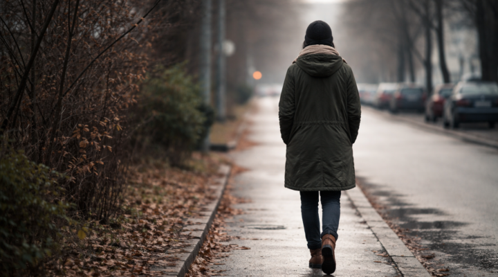 Persona caminando sola por una calle tranquila en invierno, con ropa de abrigo y luz natural difusa.