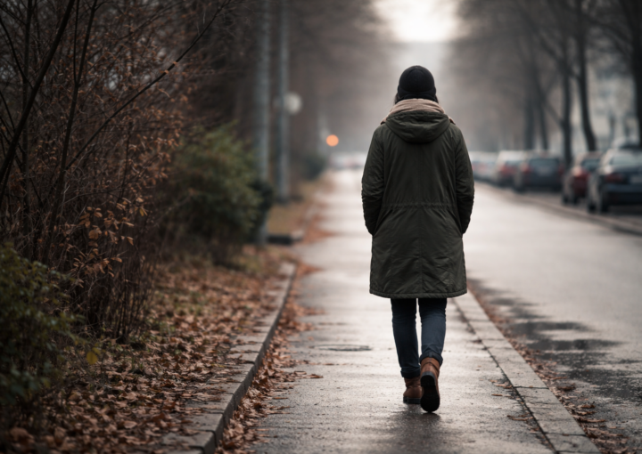 Persona caminando sola por una calle tranquila en invierno, con ropa de abrigo y luz natural difusa.