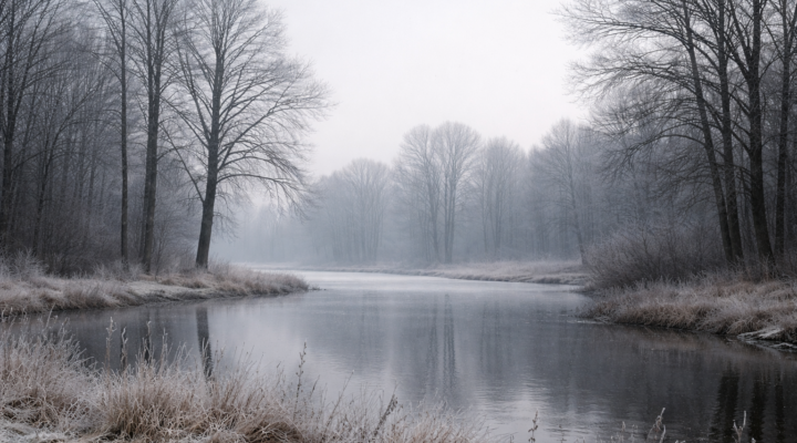 Paisaje de invierno sereno y minimalista, con árboles desnudos, agua tranquila y luz suave, que acompaña una reflexión sobre la memoria corporal en enero.
