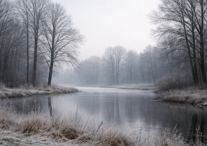 Paisaje de invierno sereno y minimalista, con árboles desnudos, agua tranquila y luz suave, que acompaña una reflexión sobre la memoria corporal en enero.