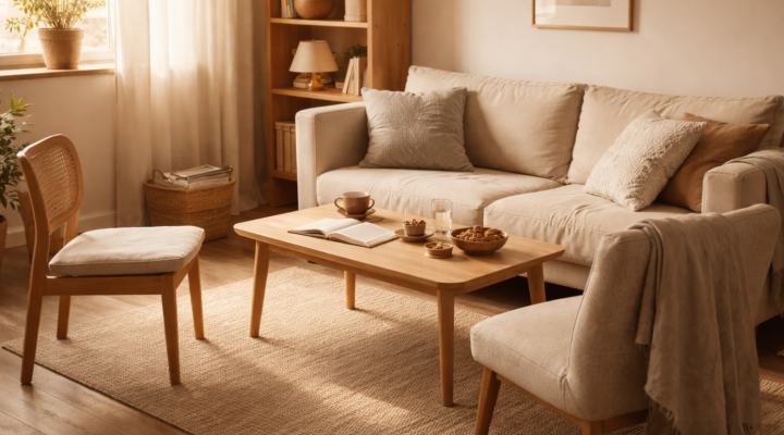 Salón de hogar compartido sin personas, con luz natural cálida de tarde, dos sillas y sofá en tonos neutros, ambiente cotidiano y realista.