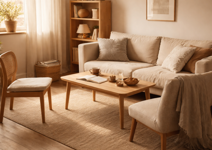 Salón de hogar compartido sin personas, con luz natural cálida de tarde, dos sillas y sofá en tonos neutros, ambiente cotidiano y realista.