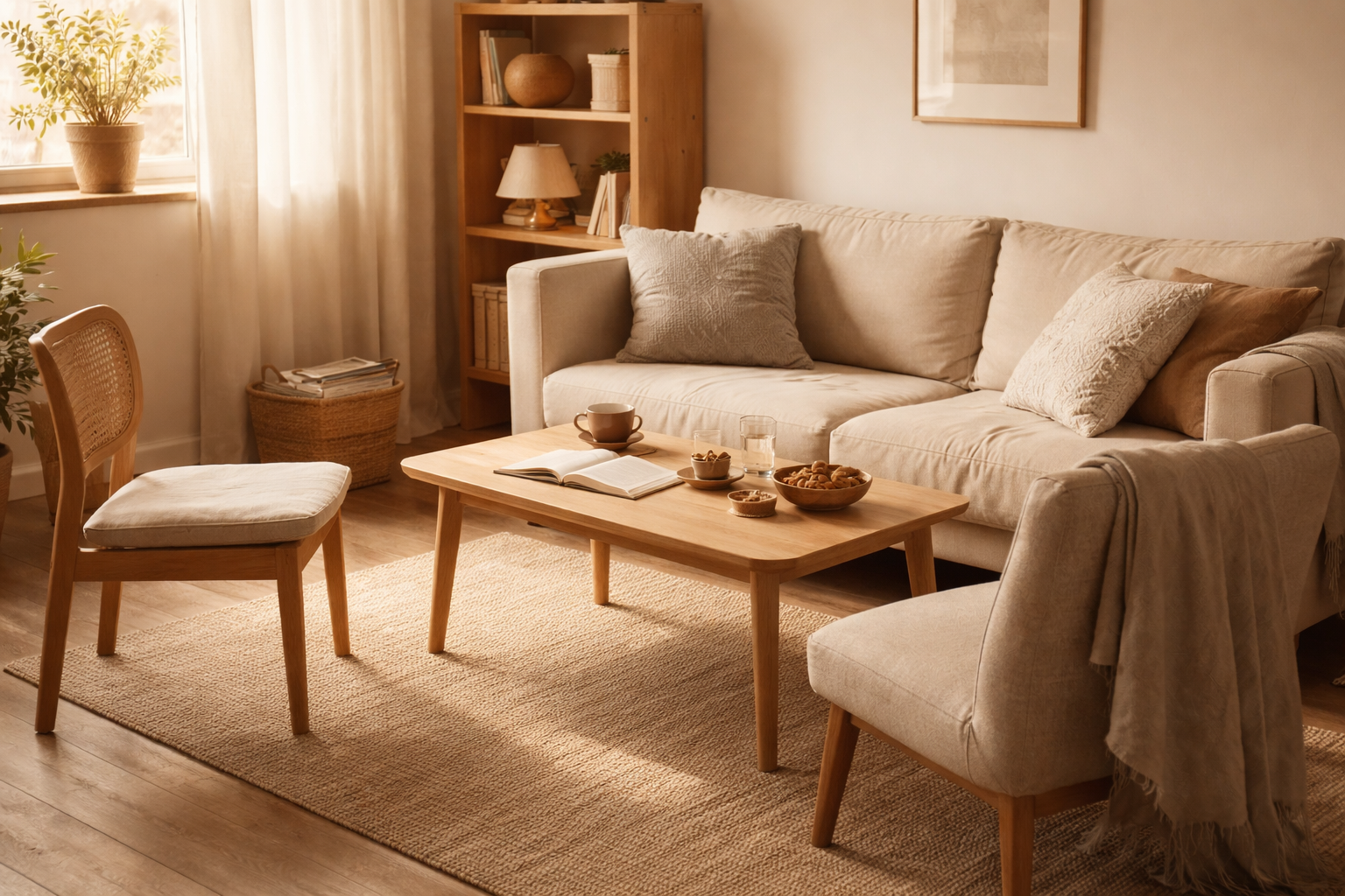 Salón de hogar compartido sin personas, con luz natural cálida de tarde, dos sillas y sofá en tonos neutros, ambiente cotidiano y realista.