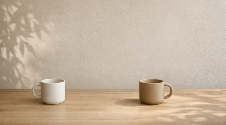 Dos tazas de cerámica sobre mesa de madera con luz natural lateral y sombra de planta en pared beige minimalista.