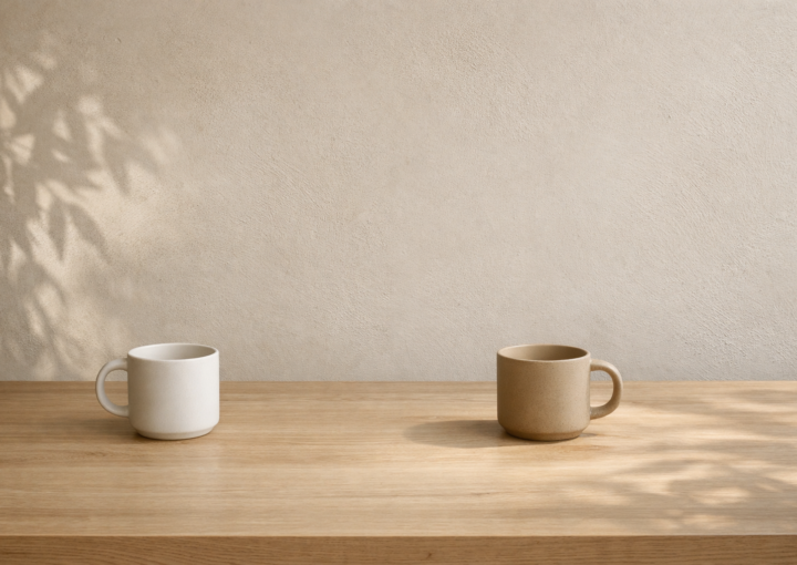Dos tazas de cerámica sobre mesa de madera con luz natural lateral y sombra de planta en pared beige minimalista.