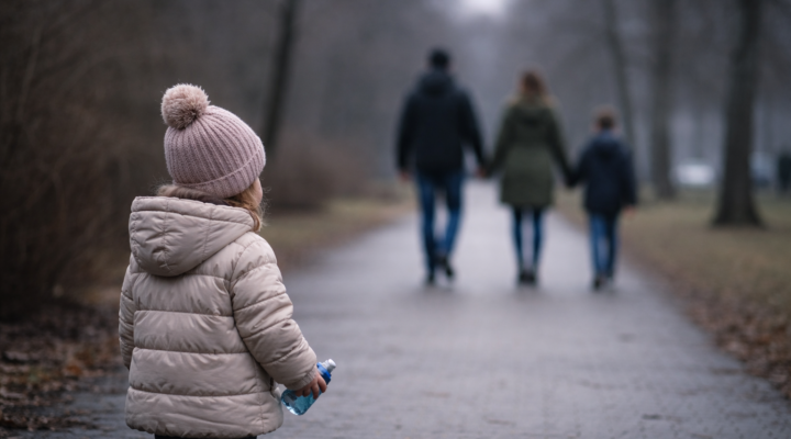 Niña pequeña detenida en un camino de invierno mientras su familia camina a distancia, escena cotidiana de crianza y memoria emocional