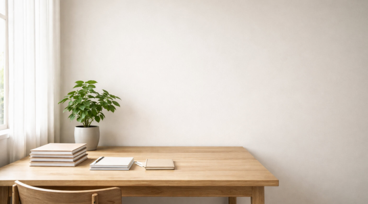 Mesa de madera clara junto a una ventana con luz natural difusa, cuadernos ordenados y una planta en maceta sobre fondo neutro.