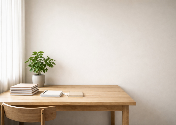 Mesa de madera clara junto a una ventana con luz natural difusa, cuadernos ordenados y una planta en maceta sobre fondo neutro.