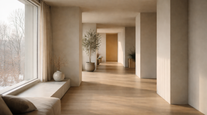 Espacio interior amplio y silencioso con luz natural de invierno y tonos neutros.