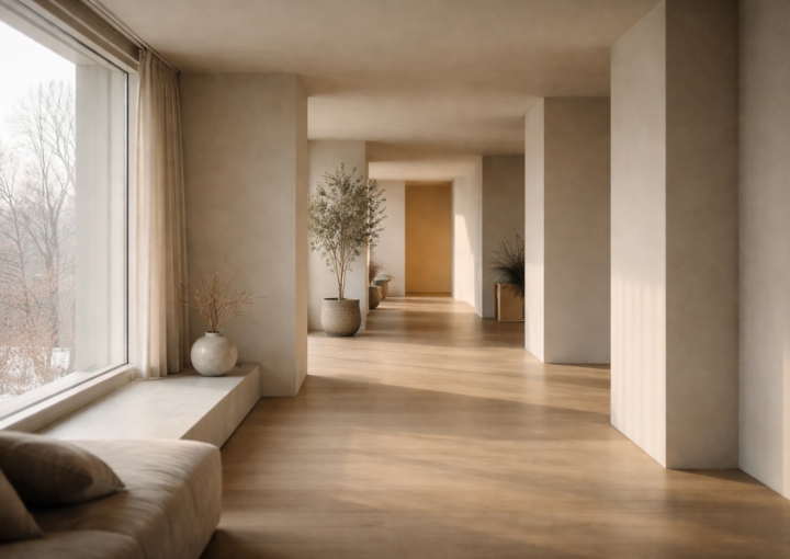Espacio interior amplio y silencioso con luz natural de invierno y tonos neutros.