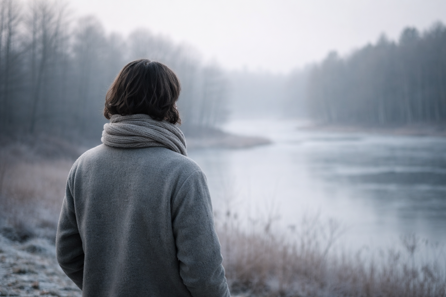 Persona de espaldas frente a un lago invernal, con luz natural suave y tonos apagados.
