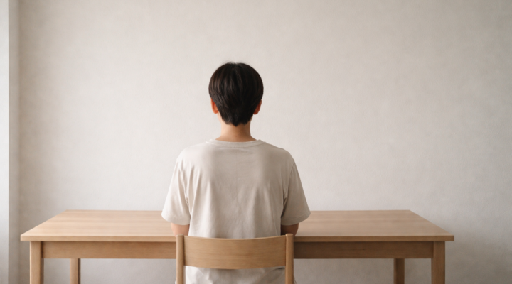 Persona sentada de espaldas en una mesa de madera, en un espacio minimalista y silencioso